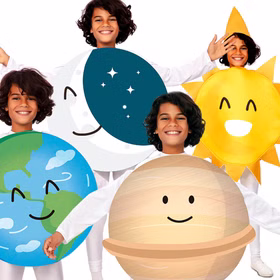Planeten Kostüm Erde Weltkugel Happy Earth für Kinder 3-9 Jahre Blau Fasching Karneval Mottoparty Kinderfasching Rollenspiel Kindertheater Schulaufführung Kindergartenfest Planeten Kostüme Erde Mond Jupiter und Sonne nebeneinander von Vorne