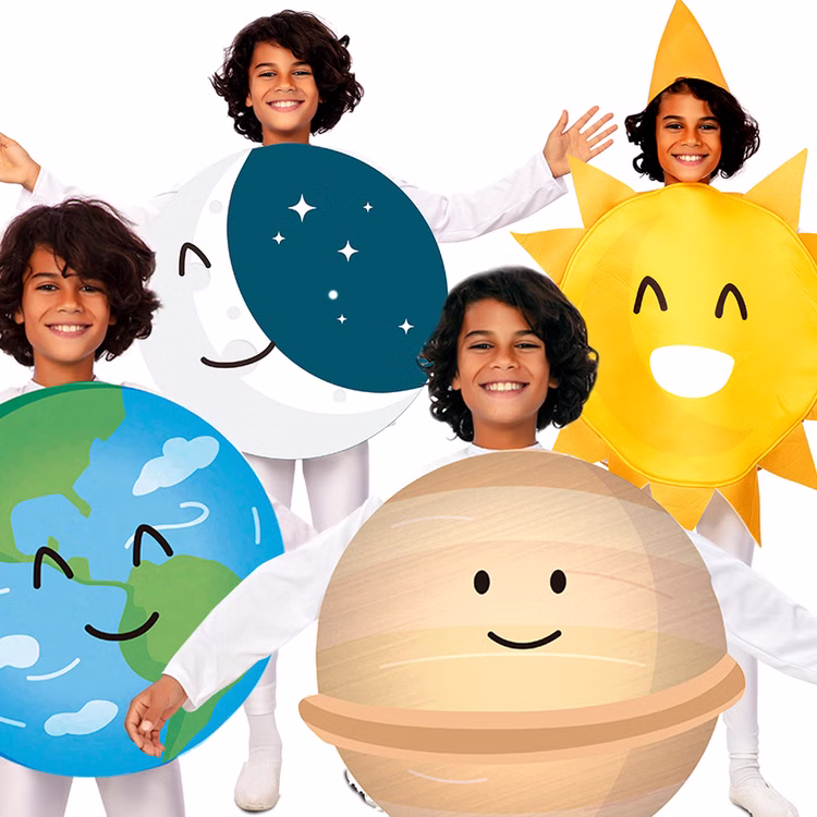 Planeten Kostüm Mond Träumender Halbmond Mondlicht für Kinder 3-9 Jahre Blau Fasching Karneval Mottoparty Kinderfasching Rollenspiel Kindertheater Schulaufführung Kindergartenfest Planeten Kostüme Erde Mond Jupiter und Sonne nebeneinander von Vorne