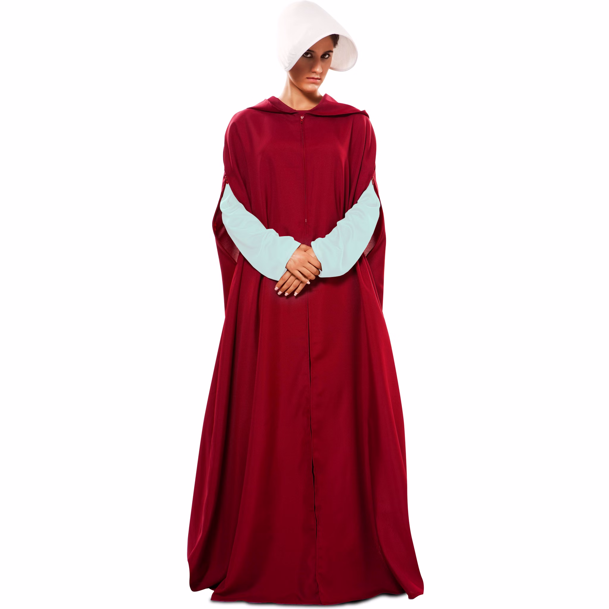 Mittelalter Kostüm Magd Roter Umhang mit weißer Haube für Damen Gr. 42 Halloween Fasching Karneval Mottoparty Mittelalterfest Mittelalter Kostüm Magd Roter Umhang mit weißer Haube für Damen mit gesenktem Kopf und weißem Oberteil darunter von Vorne