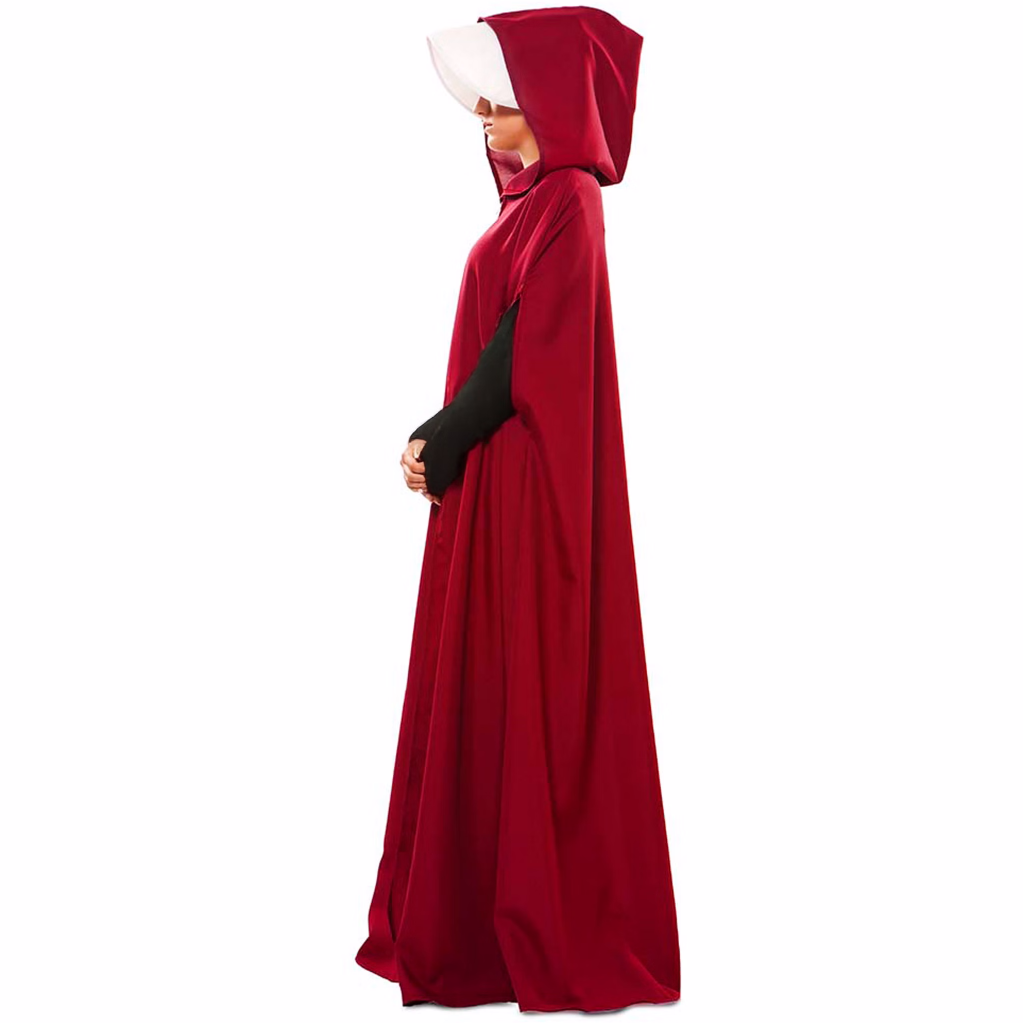 Mittelalter Kostüm Magd Roter Umhang mit weißer Haube für Damen Gr. 42 Halloween Fasching Karneval Mottoparty Mittelalterfest Mittelalter Kostüm Magd Roter Umhang mit weißer Haube für Damen mit aufgesetzter Kapuze und schwarzem Sweatshirt unter dem Umhang von der Seite