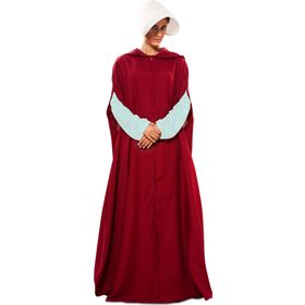 Mittelalter Kostüm Magd Roter Umhang mit weißer Haube für Damen von Vorne mit gesenktem Kopf