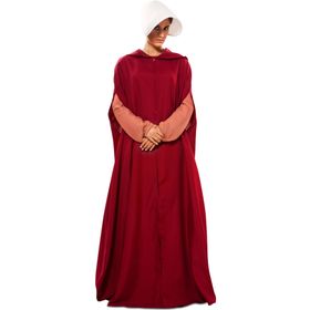 Mittelalter Kostüm Magd Roter Umhang mit weißer Haube für Damen von Vorne mit gesenktem Kopf