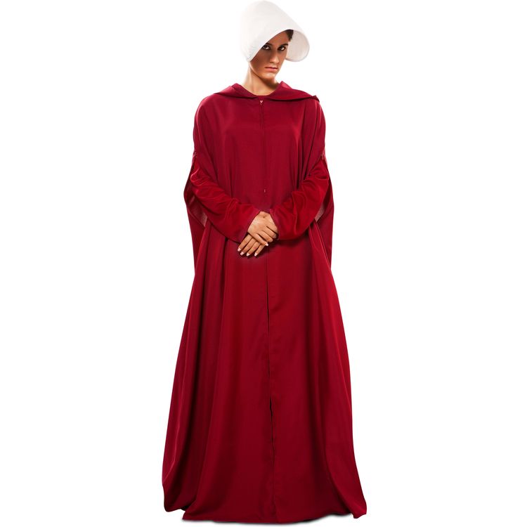 Mittelalter Kostüm Magd Roter Umhang mit weißer Haube für Damen von Vorne mit gesenktem Kopf