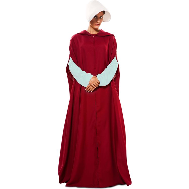 Mittelalter Kostüm Magd Roter Umhang mit weißer Haube für Damen von Vorne mit gesenktem Kopf