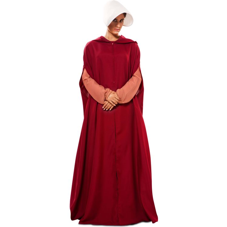 Mittelalter Kostüm Magd Roter Umhang mit weißer Haube für Damen von Vorne mit gesenktem Kopf