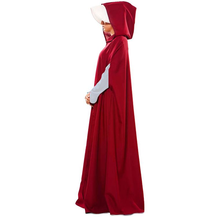 Mittelalter Kostüm Magd Roter Umhang mit weißer Haube für Damen von Vorne mit gesenktem Kopf