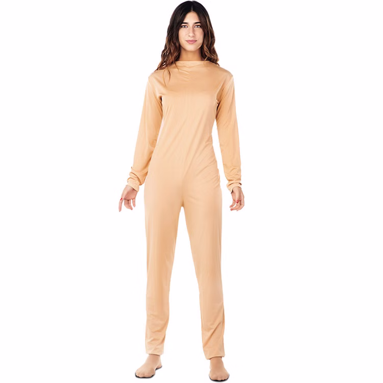 Ganzkörperanzug Beige Bodysuit Langarm Kostüm-Unterzieher für Erwachsene Gr. 42-52 Unisex Kostüm-Zubehör Fasching Karneval Mottoparty Cosplay Beigefarbener Ganzkörperanzug Bodysuit Langarm Kostüm-Unterzieher für Damen von Vorne