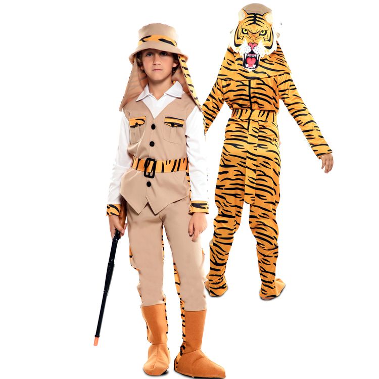 Dschungel Kostüm Wendekostüm Jäger & Tiger 2-in-1 Safari-Abenteuer für Kinder von Vorne und von Hinten