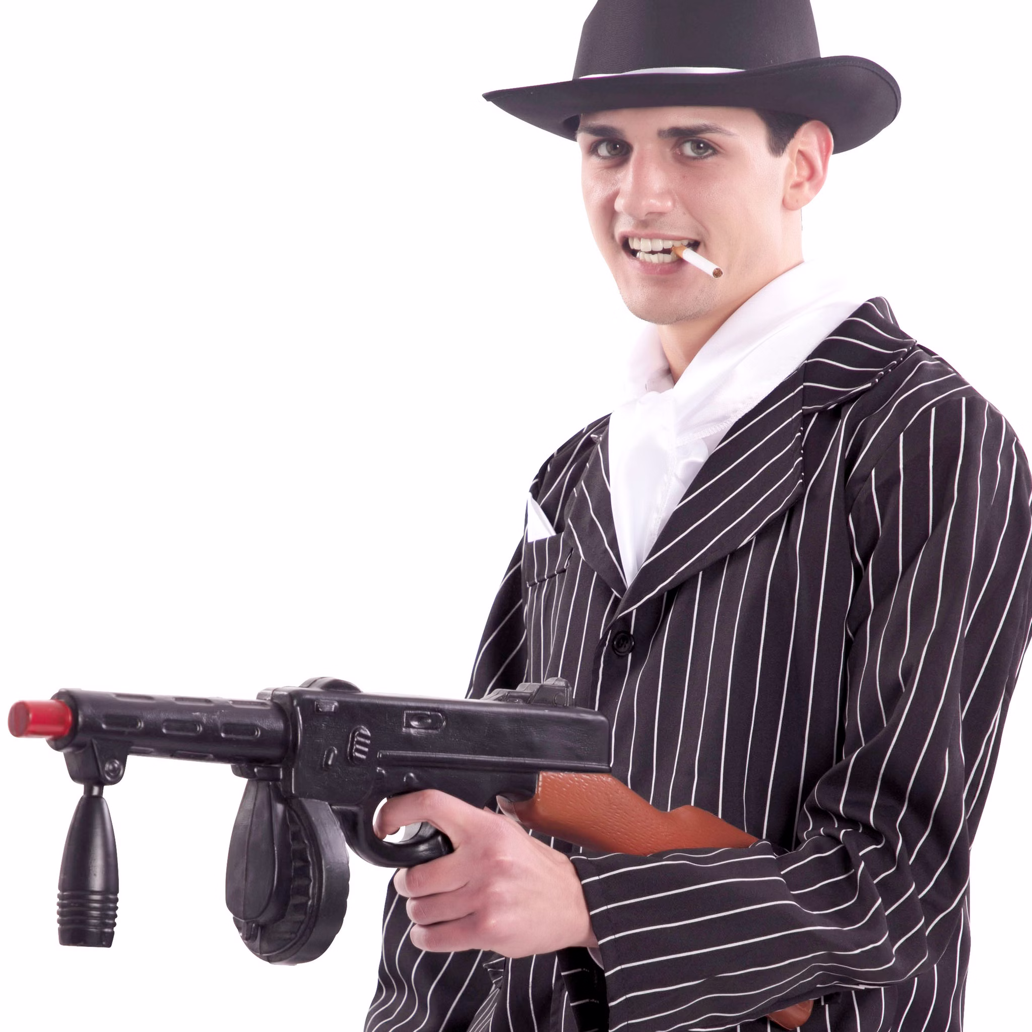 Spielzeug Maschinengewehr Gangster Mafia 70 cm lang Schwarz Kostüm-Zubehör Fasching Karneval Mottoparty Eine Person die als Gangster im 20er Jahre Look verkleidet ist, hält das Spielzeug-Gewehr in der Hand und posiert damit von der Seite