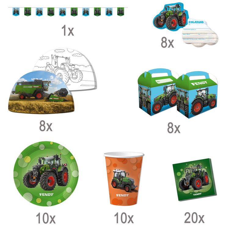 Fendt Traktor Party-Set Landmaschine Party-Deko für Kinder bestehend aus 65 Teilen