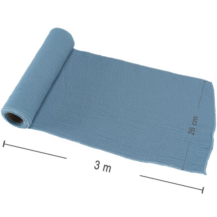 Blauer Baumwolle Tischläufer als Stoffrolle aufgerollt, teilweise abgerollt.