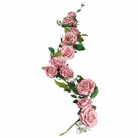 Rosen Girlande Tischdeko Luxus Rosen Puderrosa Samt 20 cm x 2 m Deko Hochzeit Tischdeko Deko-Ideen Geburtstag festliches Ambiente Rosengirlande in Altrosa mit Blättern und Blüten, 20 x 200 cm lang, dekorativ gebunden.