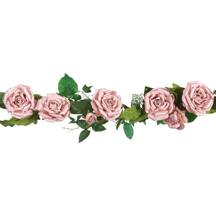 Rosen Girlande Tischdeko Luxus Rosen Puderrosa Samt 20 cm x 2 m Deko Hochzeit Rosengirlande in Altrosa mit Blättern und Blüten, 20 x 200 cm lang, dekorativ gebunden.