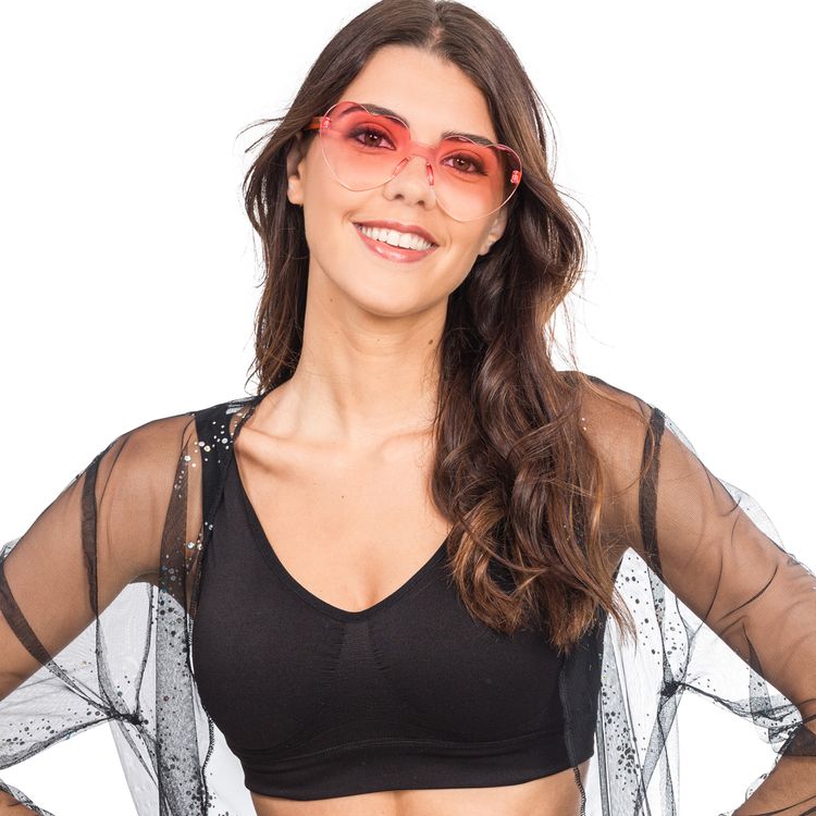 Herzbrille Rosa Taylor 14 x 14 cm 80er Party Kostüm-Zubehör für Damen Frau mit rosa Herz-Sonnenbrille, Blick nach unten und Lächeln.
