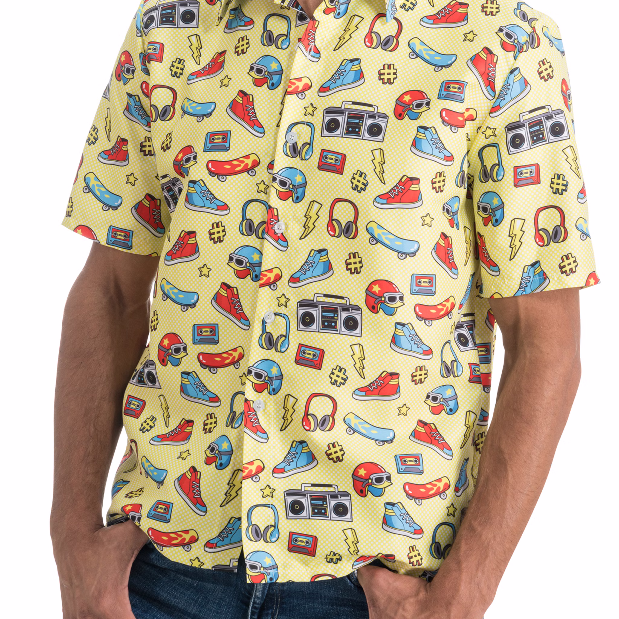 90er Jahre Retro Hemd Gelb Kassette & Ghettoblaster Party-Outfit für Herren Gr. M-XL Fasching Karneval 80er & 90er Mottoparty Gruppenkostüm Nahaufnahme 90er Jahre Retro Hemd Gelb Party-Outfit Kassette & Ghettoblaster für Herren seitlich von Vorne