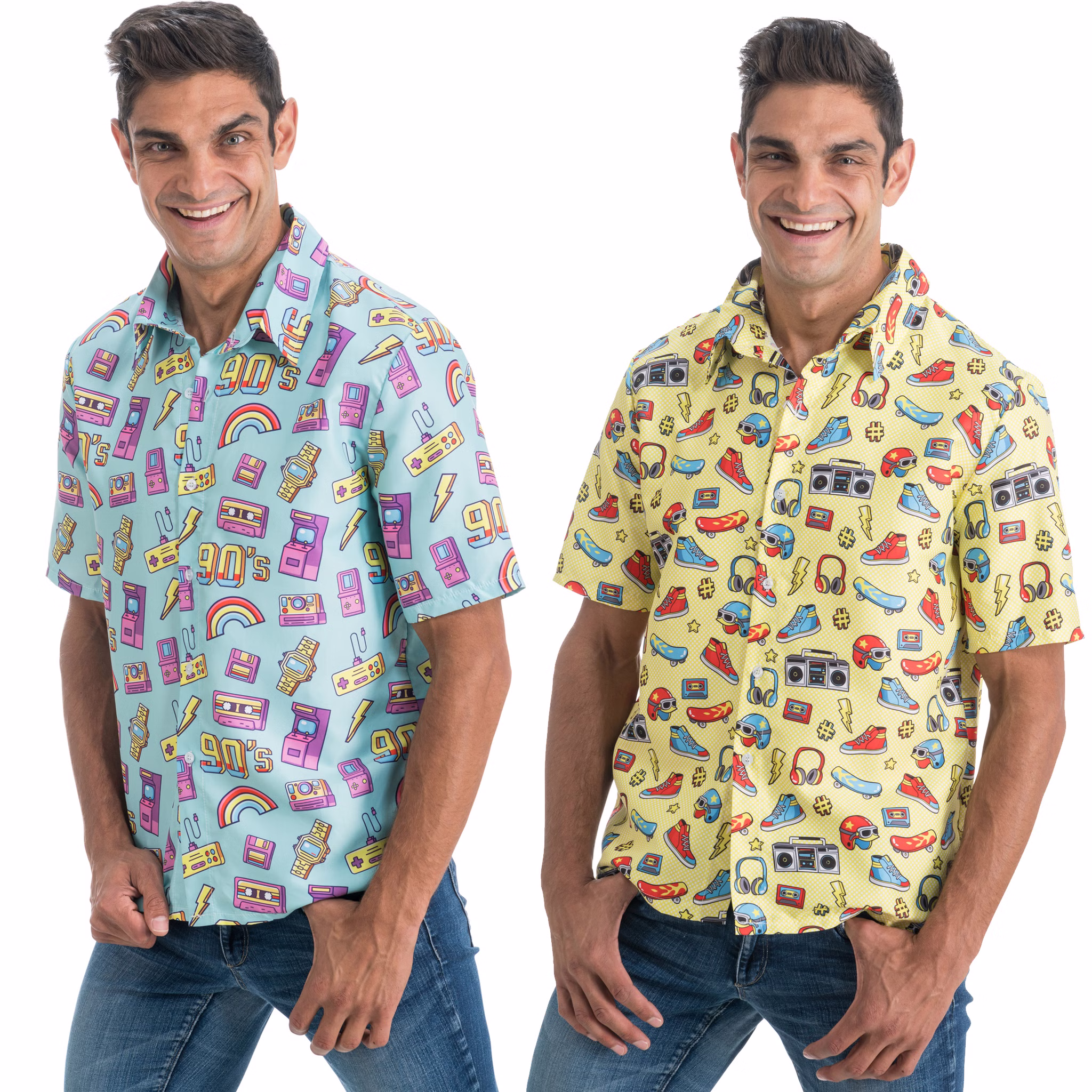 90er Jahre Retro Hemd Gelb Kassette & Ghettoblaster Party-Outfit für Herren Gr. M-XL Fasching Karneval 80er & 90er Mottoparty Gruppenkostüm Blaues Hemd und Gelbes Hemd mit 90er Retro-Design-Print seitlich von Vorne