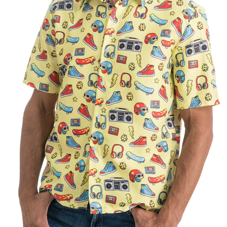 90er Jahre Retro Hemd Gelb Kassette & Ghettoblaster Party-Outfit für Herren 90er Jahre Retro Hemd Gelb Party-Outfit Kassette & Ghettoblaster für Herren seitlich von Vorne