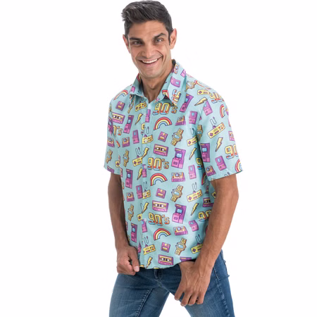 90er Jahre Retro Hemd Blau Spielkonsole Party-Outfit für Herren Gr. M-XL Fasching Karneval 80er & 90er Mottoparty Gruppenkostüm 90er Jahre Retro Hemd Blau Party-Outfit für Herren seitlich von Vorne