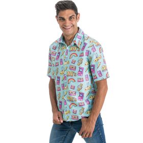 90er Jahre Retro Hemd Blau Party-Outfit für Herren seitlich von Vorne