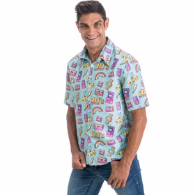90er Jahre Retro Hemd Blau Spielkonsole Party-Outfit für Herren Gr. M-XL Fasching Karneval 80er & 90er Mottoparty Gruppenkostüm 90er Jahre Retro Hemd Blau Party-Outfit für Herren seitlich von Vorne