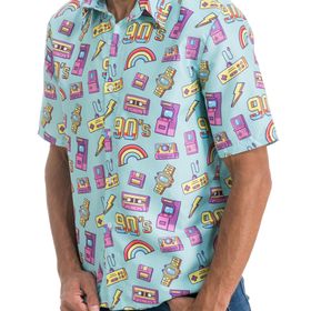 90er Jahre Retro Hemd Blau Party-Outfit für Herren seitlich von Vorne