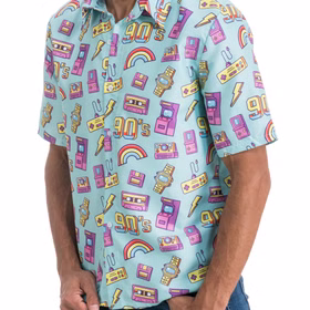 90er Jahre Retro Hemd Blau Spielkonsole Party-Outfit für Herren Gr. M-XL Fasching Karneval 80er & 90er Mottoparty Gruppenkostüm Nahaufnahme 90er Jahre Retro Hemd Blau Party-Outfit für Herren