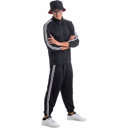 Rapper Kostüm Robbie Jogginganzug Schwarz & weiße Streifen für Herren Gr. M-XL Fasching Karneval 80er & 90er Mottoparty JGA Rapper Kostüm Jogginganzug Schwarz & weiße Streifen seitlich von Vorne