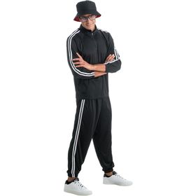 Rapper Kostüm Jogginganzug Schwarz & weiße Streifen seitlich von Vorne