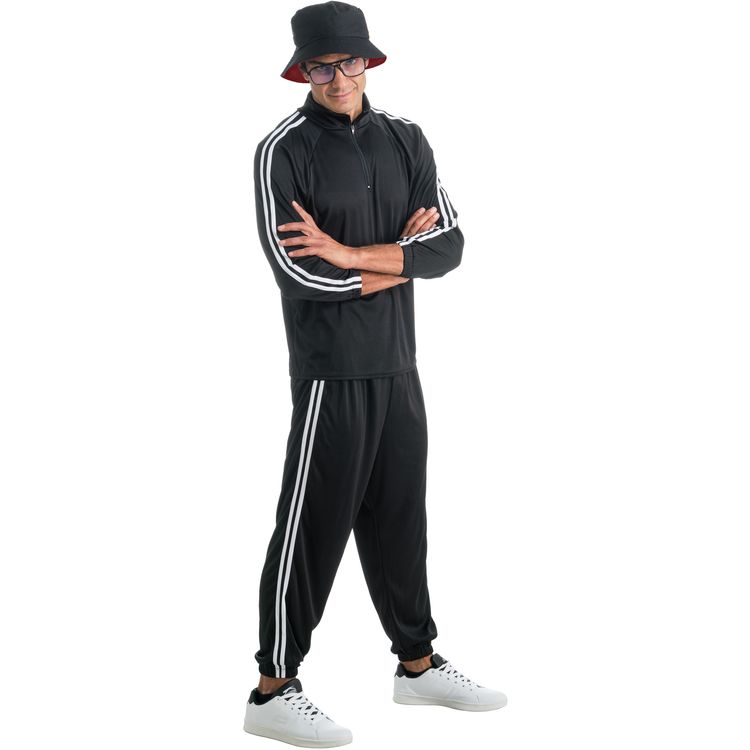 Rapper Kostüm Jogginganzug Schwarz & weiße Streifen seitlich von Vorne
