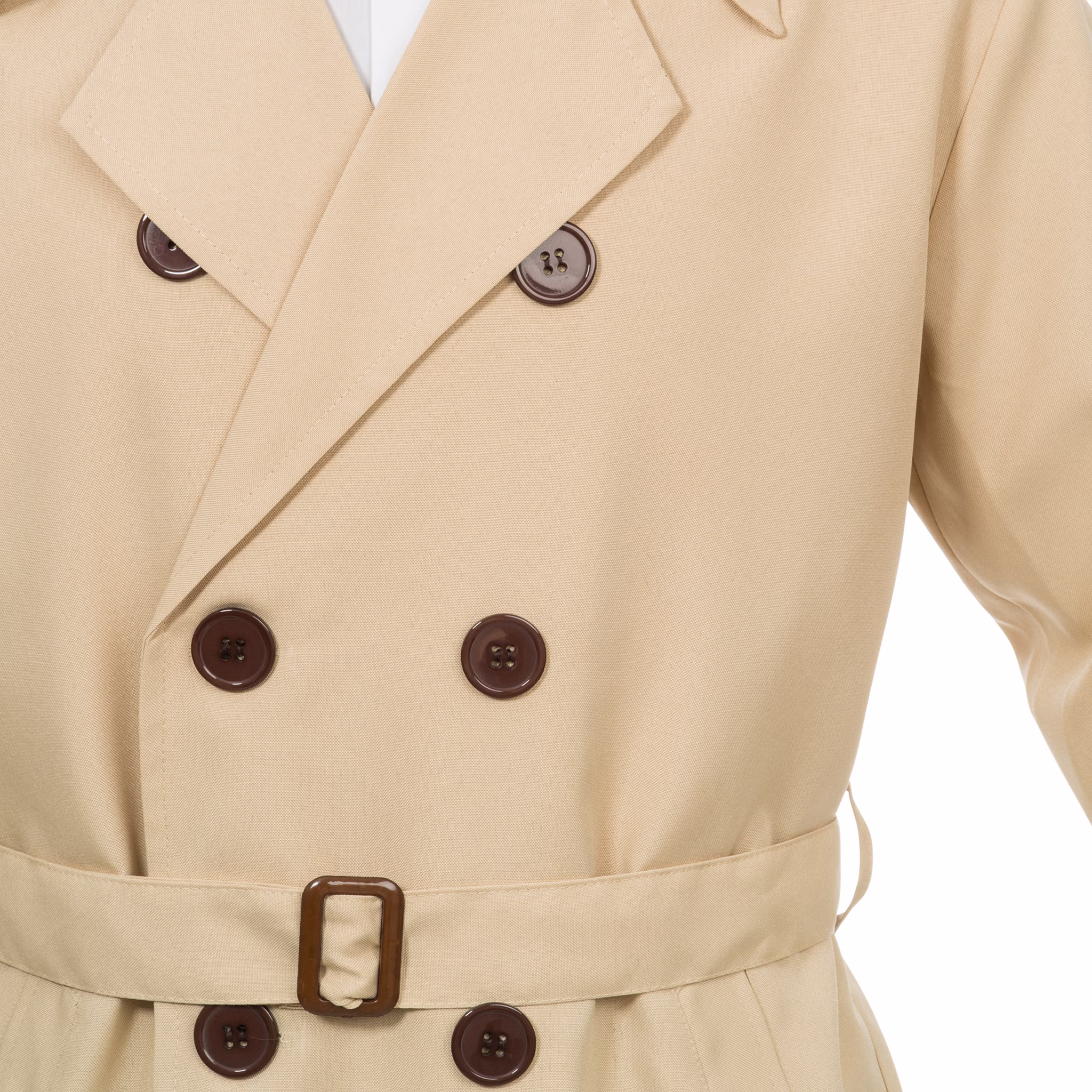 Detektiv Kostüm Inspektor Trenchcoat Mantel Beige für Herren Gr. M-XL Fasching Karneval JGA Mottoparty Polizei Polizist Interpol Detailaufnahme Knopfleiste mit Gürtel von Vorne