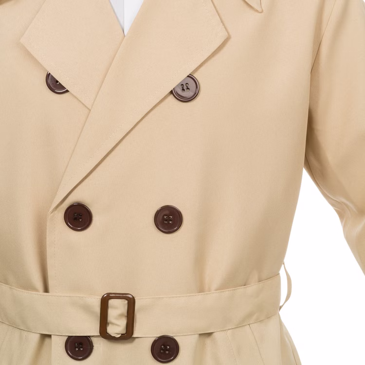 Detektiv Kostüm Inspektor Trenchcoat Mantel Beige für Herren Gr. M-XL Fasching Karneval JGA Mottoparty Polizei Polizist Interpol Detailaufnahme Knopfleiste mit Gürtel von Vorne