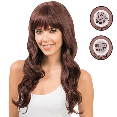 Lange Perücke mit Pony Mahagoni frisierbar & hitzebeständig für Damen