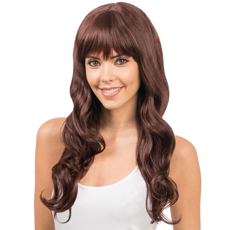 Lange Perücke mit Pony Mahagoni frisierbar & hitzebeständig für Damen Lange Perücke mit Pony Mahagoni von Vorne mit Hinweisen oben rechts, dass die Perücke hitzebeständig und frisierbar ist