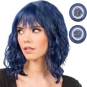 Perücke Kurzhaar mit Pony Blau von Vorne mit Hinweisen oben rechts, dass die Perücke hitzebeständig und frisierbar ist