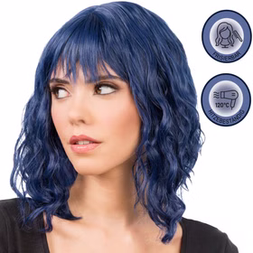 Perücke Kurzhaar mit Pony Blau von Vorne mit Hinweisen oben rechts, dass die Perücke hitzebeständig und frisierbar ist