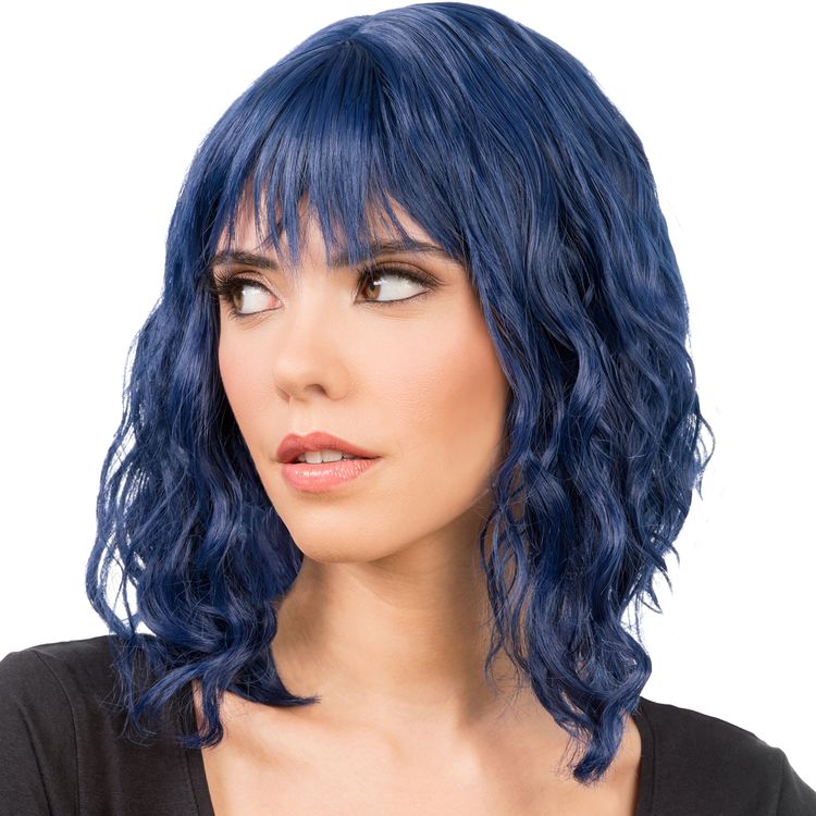 Perücke Kurzhaar mit Pony Blau von Vorne mit Hinweisen oben rechts, dass die Perücke hitzebeständig und frisierbar ist