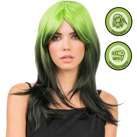 Langhaar-Perücke Billie Grün Schwarz frisierbar & hitzebeständig für Damen