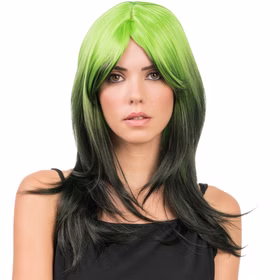Langhaar-Perücke Billie Grün Schwarz Schulterlang frisierbar & hitzebeständig für Damen Kostüm-Zubehör Cosplay Anime Mottoparty Fasching Karneval Foto-Shooting Langhaar-Perücke Billie Grün Schwarz von Vorne