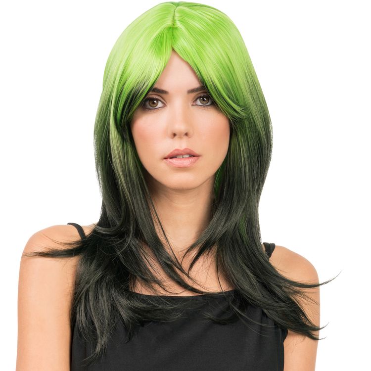 Langhaar-Perücke Billie Grün Schwarz frisierbar & hitzebeständig für Damen Langhaar-Perücke Billie Grün Schwarz von Vorne mit Hinweisen oben rechts, dass die Perücke hitzebeständig und frisierbar ist