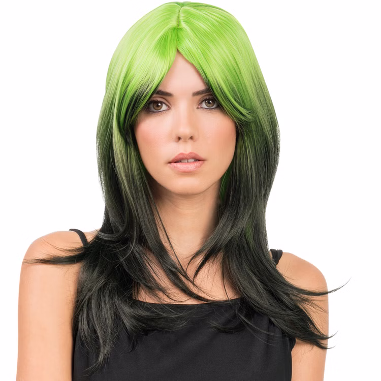 Langhaar-Perücke Billie Grün Schwarz Schulterlang frisierbar & hitzebeständig für Damen Kostüm-Zubehör Cosplay Anime Mottoparty Fasching Karneval Foto-Shooting Langhaar-Perücke Billie Grün Schwarz von Vorne