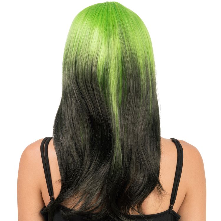 Langhaar-Perücke Billie Grün Schwarz frisierbar & hitzebeständig für Damen Langhaar-Perücke Billie Grün Schwarz von Vorne mit Hinweisen oben rechts, dass die Perücke hitzebeständig und frisierbar ist