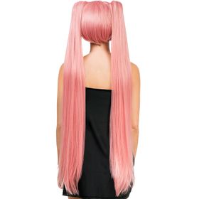 Manga Langhaarperücke Perücke Rosa 99 cm für Damen von Vorne mit Hinweisen oben rechts, dass die Perücke hitzebeständig und frisierbar ist