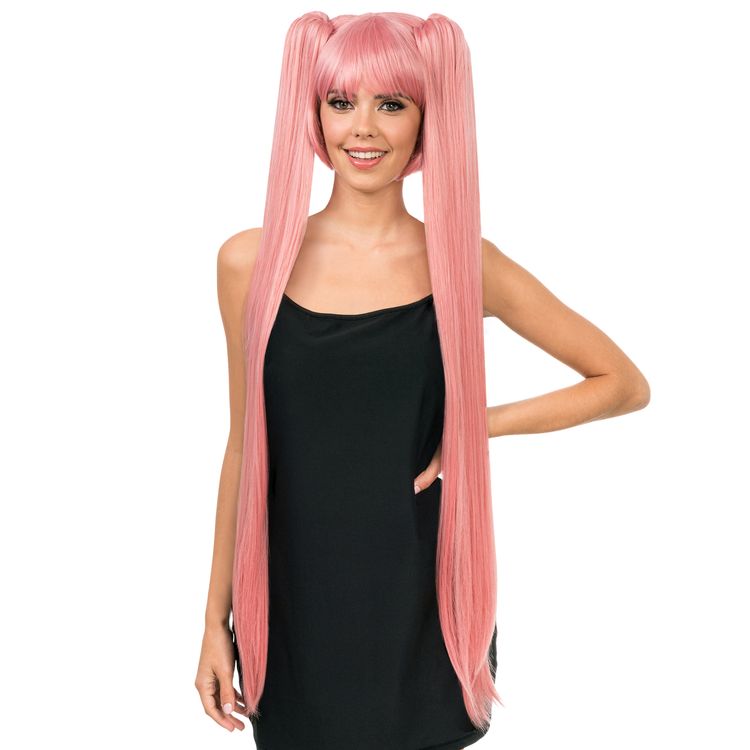 Manga Langhaarperücke Rosa 99 cm frisierbar & hitzebeständig für Damen Manga Langhaarperücke Perücke Rosa 99 cm für Damen von Vorne mit Hinweisen oben rechts, dass die Perücke hitzebeständig und frisierbar ist