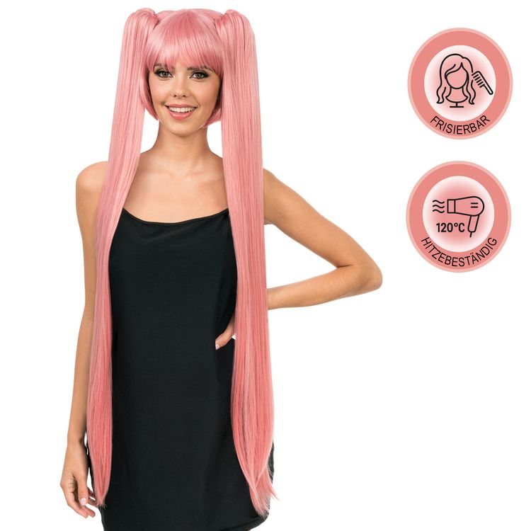 Manga Langhaarperücke Perücke Rosa 99 cm für Damen von Vorne mit Hinweisen oben rechts, dass die Perücke hitzebeständig und frisierbar ist
