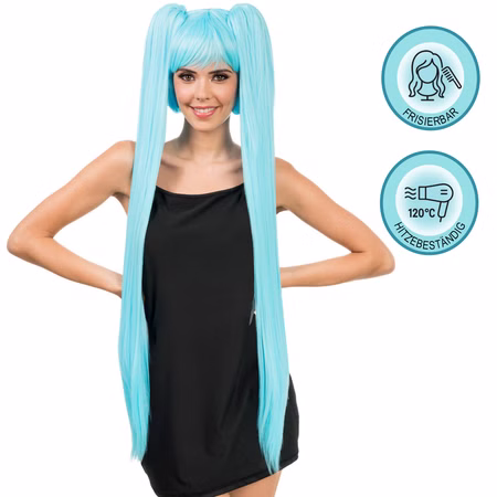 Manga Langhaarperücke Perücke Türkis 99 cm mit Pony und Zöpfen hitzebeständig bis 120°C für Damen Kostüm-Zubehör Cosplay Anime Mottoparty Fasching Karneval Foto-Shooting Manga Langhaarperücke Perücke Türkis 99 cm für Damen von Vorne mit Hinweisen oben rechts, dass die Perücke hitzebeständig und frisierbar ist