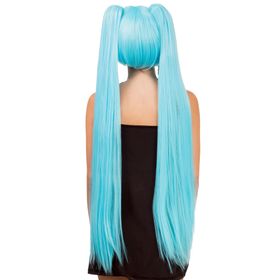 Manga Langhaarperücke Perücke Türkis 99 cm für Damen von Vorne mit Hinweisen oben rechts, dass die Perücke hitzebeständig und frisierbar ist