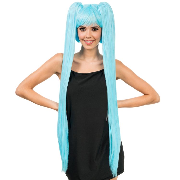 Manga Langhaarperücke Türkis 99 cm frisierbar & hitzebeständig für Damen Manga Langhaarperücke Perücke Türkis 99 cm für Damen von Vorne mit Hinweisen oben rechts, dass die Perücke hitzebeständig und frisierbar ist