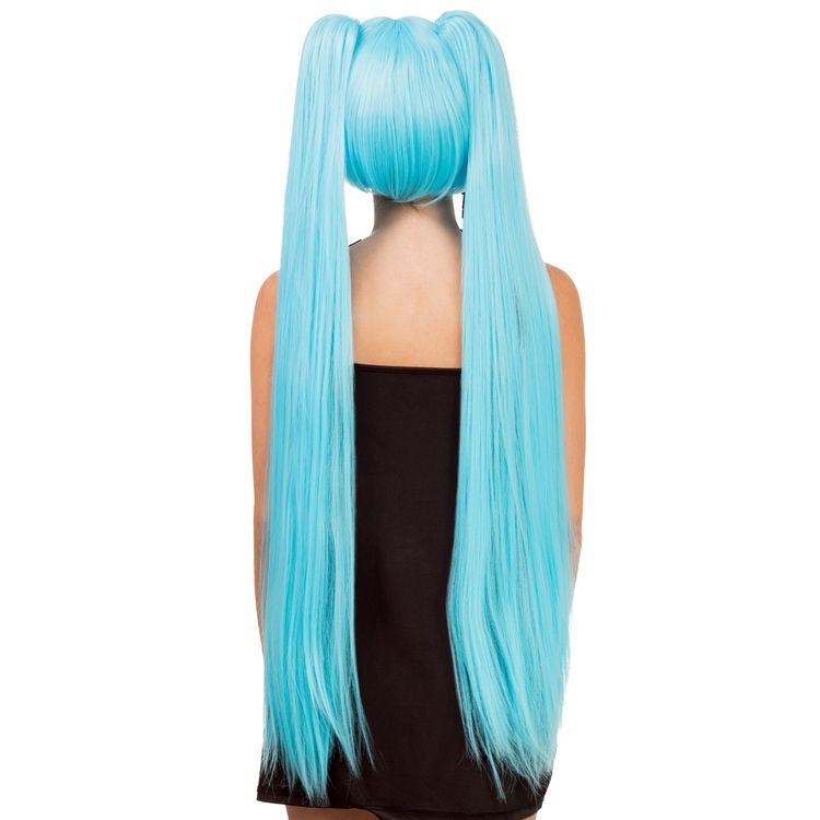 Manga Langhaarperücke Türkis 99 cm frisierbar & hitzebeständig für Damen Manga Langhaarperücke Perücke Türkis 99 cm für Damen von Vorne mit Hinweisen oben rechts, dass die Perücke hitzebeständig und frisierbar ist