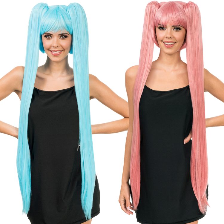 Manga Langhaarperücke Türkis 99 cm frisierbar & hitzebeständig für Damen Manga Langhaarperücke Perücke Türkis 99 cm für Damen von Vorne mit Hinweisen oben rechts, dass die Perücke hitzebeständig und frisierbar ist