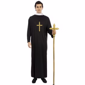 Bischofsstab mit Kreuz 5-tlg. Goldener Bischofskreuz-Stab 137 cm für Erwachsene Kostüm-Zubehör Bischof Kardinal Nikolaus Weihnachtsmann Accessoire Weihnachtsmann Geistlicher mit Kreuz und Bischofsstab in der linken Hand von Vorne